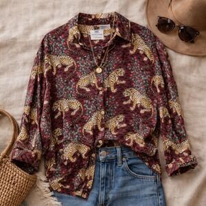 Printfresh Leopard Bagheera Pajama Top Burgundy Animal Print Lounge M Anthro